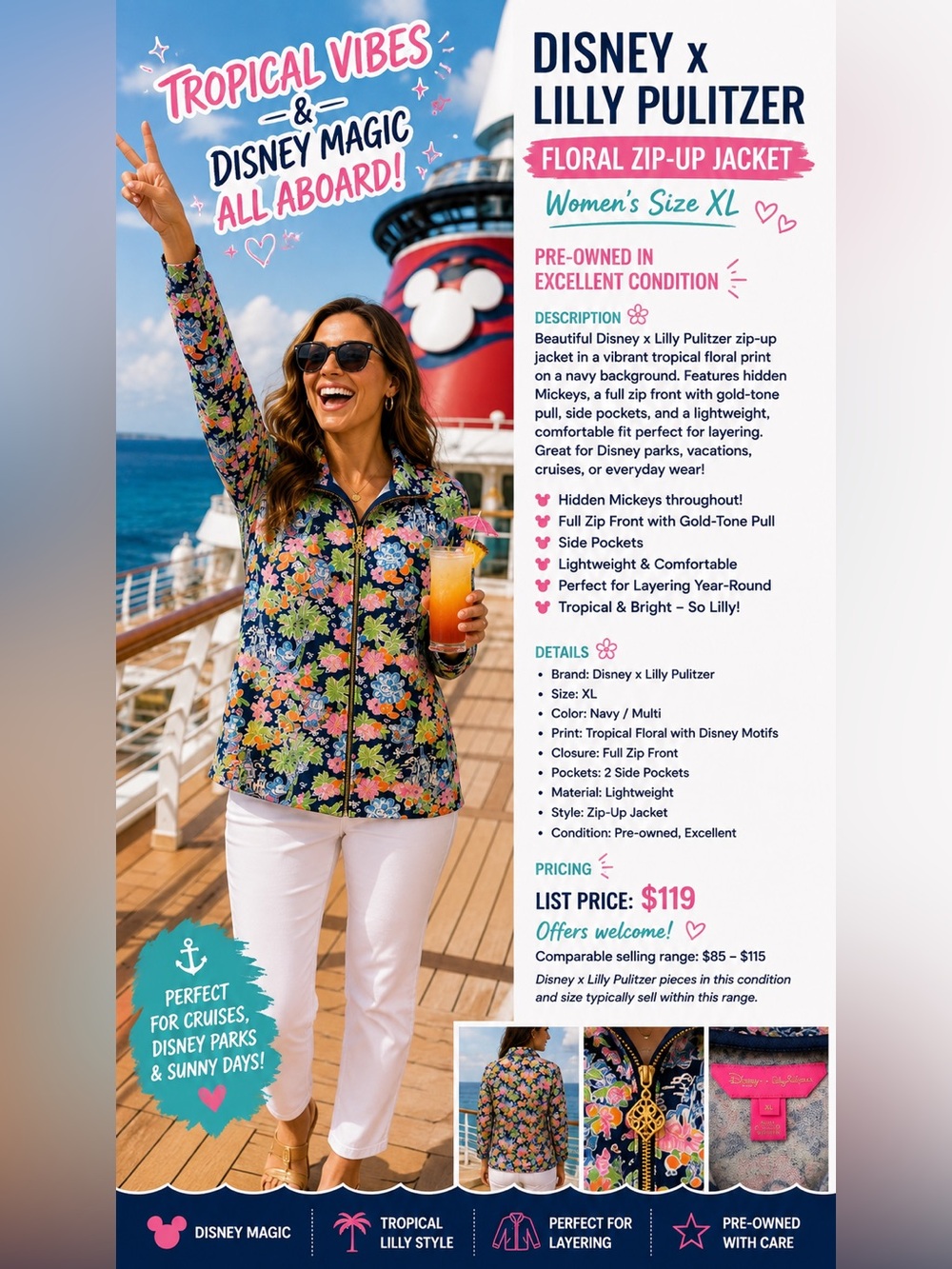 Lilly Pulitzer Navy Multi Floral Zip-Up Jacket